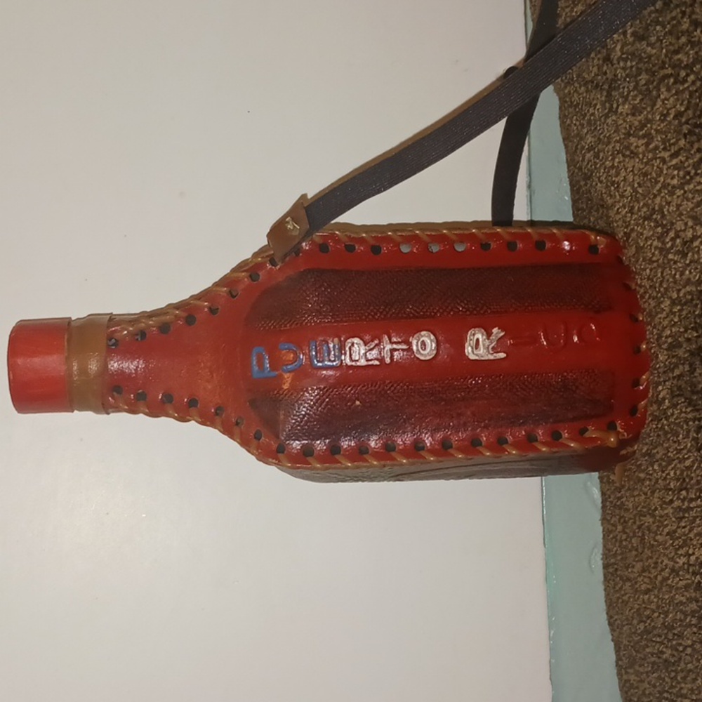 Puerto Rico Decanter Canteen Hand Tooled Leather Covered Glass Bottle